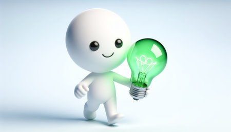 3D figure with a green lamp to raise awareness about protecting planet earthの素材