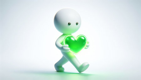 3D white figure with a green heart to raise awareness about protecting planet earthの素材