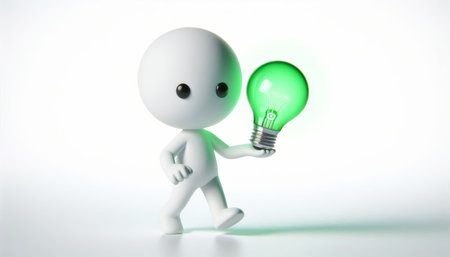 3D figure with a green lamp to raise awareness about protecting planet earthの素材