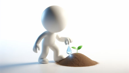 White 3D figure with water drop watering a plant. Sustainability and environmental conceptの素材