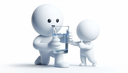 3D white figure drinking a glass of water. Draws attention to climate change and water scarcity. World Water Dayの素材