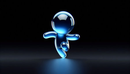 Happy blue transparent 3D figure on dark background. Success conceptの素材