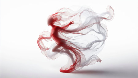 Abstract female figure wrapped in soft transparent silk floating in the backgroundの素材