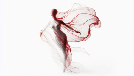Abstract female figure wrapped in soft transparent silk floating in the backgroundの素材