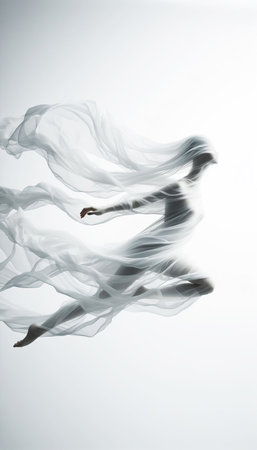 Abstract female figure wrapped in soft transparent silk floating in the backgroundの素材