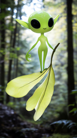 Cute surreal anthropomorphic alien figure in the forest. Fantasy conceptの素材