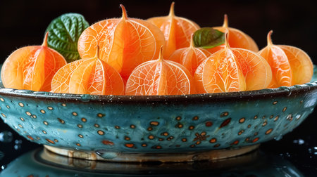 Poetic still life with physalis in a bowl. Autumn fruitの素材