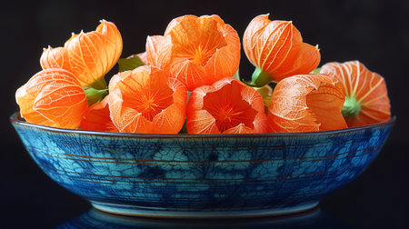 Poetic still life with physalis in a bowl. Autumn fruitの素材