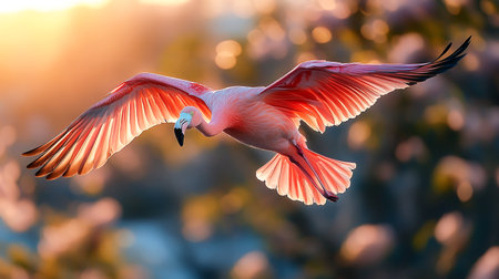 Pink flamingo flying with wings openの素材