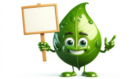 Funny leaf cartoon holding a signboard with free space for textの素材