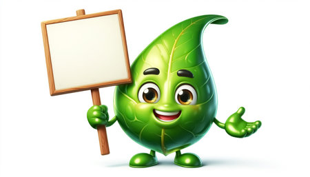 Funny leaf cartoon holding a signboard with free space for textの素材