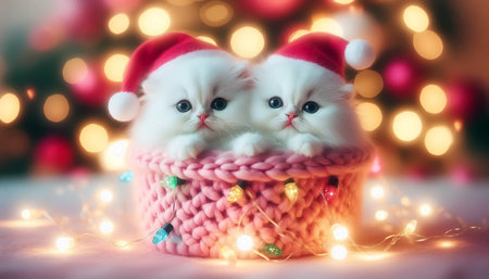 Miniature white kittens inside a warm woolen basket with a Santa hat. Christmas celebration timeの素材