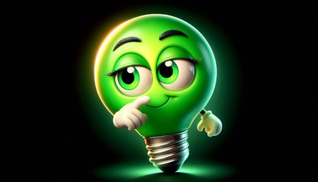 Illustration of a 3D cute adorable green ecological light bulb cartoonの素材