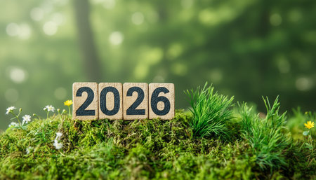 Wooden cubes spelling the word 2026 in the grassの素材