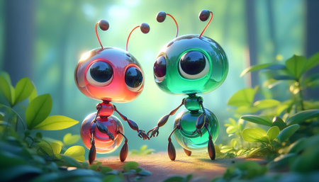 Funny cartoon of ants on vibrant color backgroundの素材