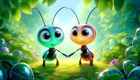 Funny cartoon of ants on vibrant color backgroundの素材