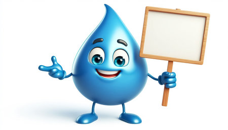 Funny water drop cartoon holding a signboard with free space for textの素材