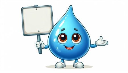 Funny water drop cartoon holding a signboard with free space for textの素材