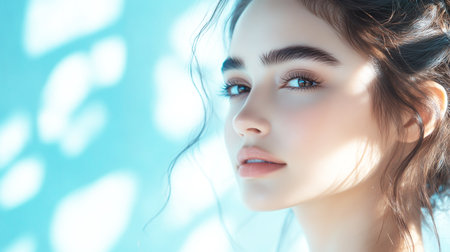 Woman looking with a serene expression. Free copy spaceの素材