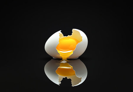 Broken eggshell with raw egg on a black minimalist surface reflective backgroundの素材