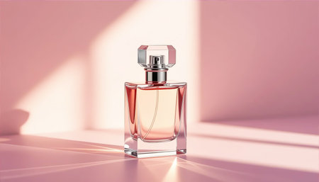 Elegant perfume bottle isolated on soft background illuminated by natural lightの素材