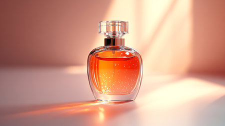 Elegant perfume bottle isolated on soft background illuminated by natural lightの素材