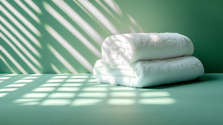 Detail of white bath towels in a room highlighted by natural lighting and shadowsの素材