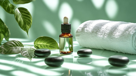 Beautiful green spa setting enhanced by natural lighting and shadowsの素材