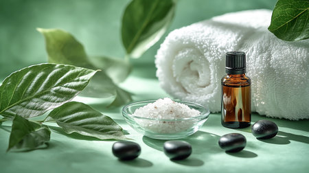 Beautiful green spa setting enhanced by natural lighting and shadowsの素材