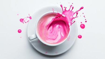 Surrealistic image of white porcelain cup with pink paint splashes on white backgroundの素材