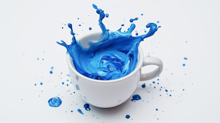 Surrealistic image of white porcelain cup with blue paint splashes on white backgroundの素材