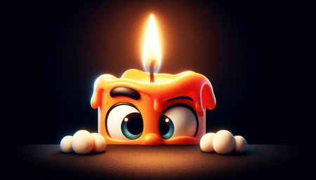 Funny 3D lit candle cartoon illustration isolated on black backgroundの素材