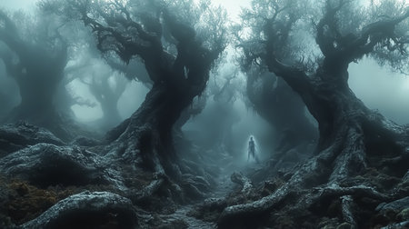 Haunted forest with apparitions of ghostly beingsの素材