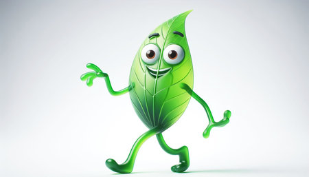 Illustration of a 3D cute clumsy green leaf cartoonの素材