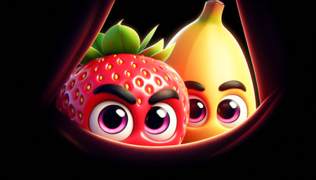 3D funny strawberry and banana cartoonの素材