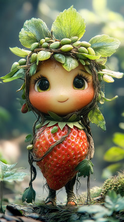 Cute surreal anthropomorphic cartoon figure formed by twigs and strawberries in the forest. Fantasy conceptの素材