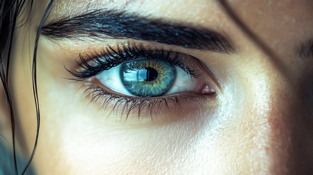 Closeup of a stunning eye with long lashes and a beautiful reflectionの素材