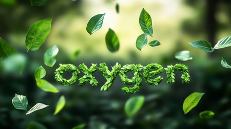 Green leaves with the word OXIGEN written with leavesの素材