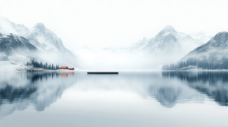 Minimalist watercolor illustration reflected in a lake in a mystical and cloudy environmentの素材