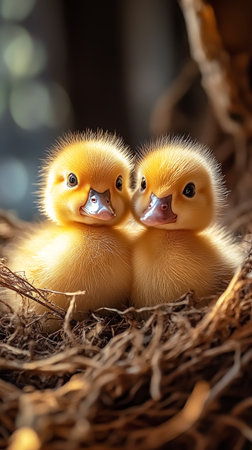 Cute ducklings in a nest on a background of nature.の素材