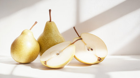 Fresh and delicious sliced pear isolated on white backgroundの素材