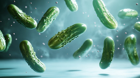 Green cucumber pickles floating on backgroundの素材