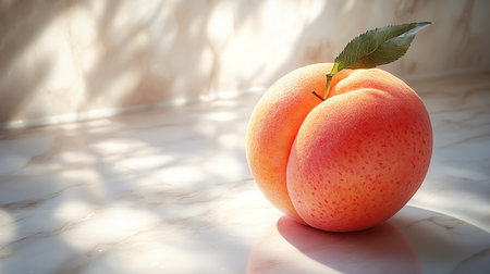 Peach isolated on soft background illuminated by natural lightの素材