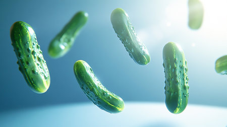 Green cucumber pickles floating on backgroundの素材