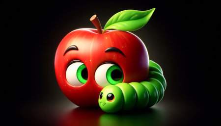 Funny 3D cartoon apple isolated on a black background with a green caterpillarの素材