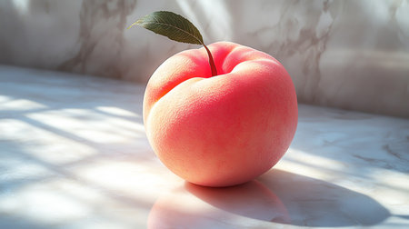 Peach isolated on soft background illuminated by natural lightの素材