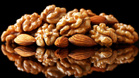 Walnuts, almonds, and hazelnuts on a reflective surface, minimalist black background. Autumn fruitsの素材