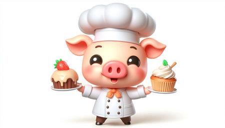 Funny chef pig cartoon illustration isolated on white background. Fantasy conceptの素材