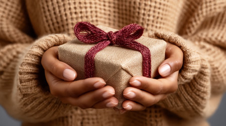 Woman hands hold a beautiful Christmas giftの素材