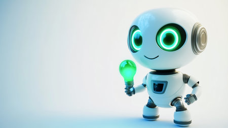 3D funny little robot cartoon illustration with a bulb. Ecology conceptの素材